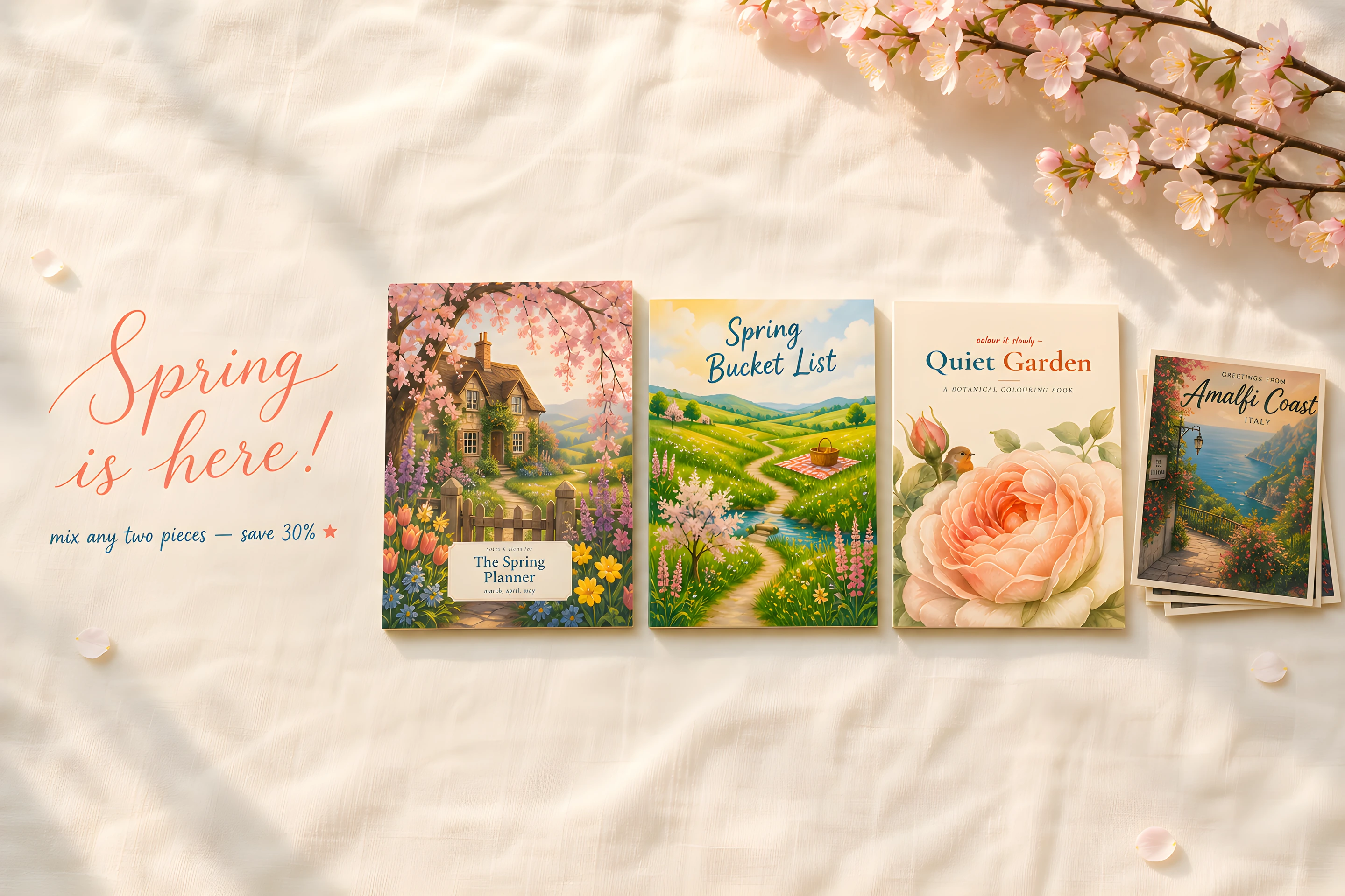 The Spring collection — painted pieces laid out on cream linen