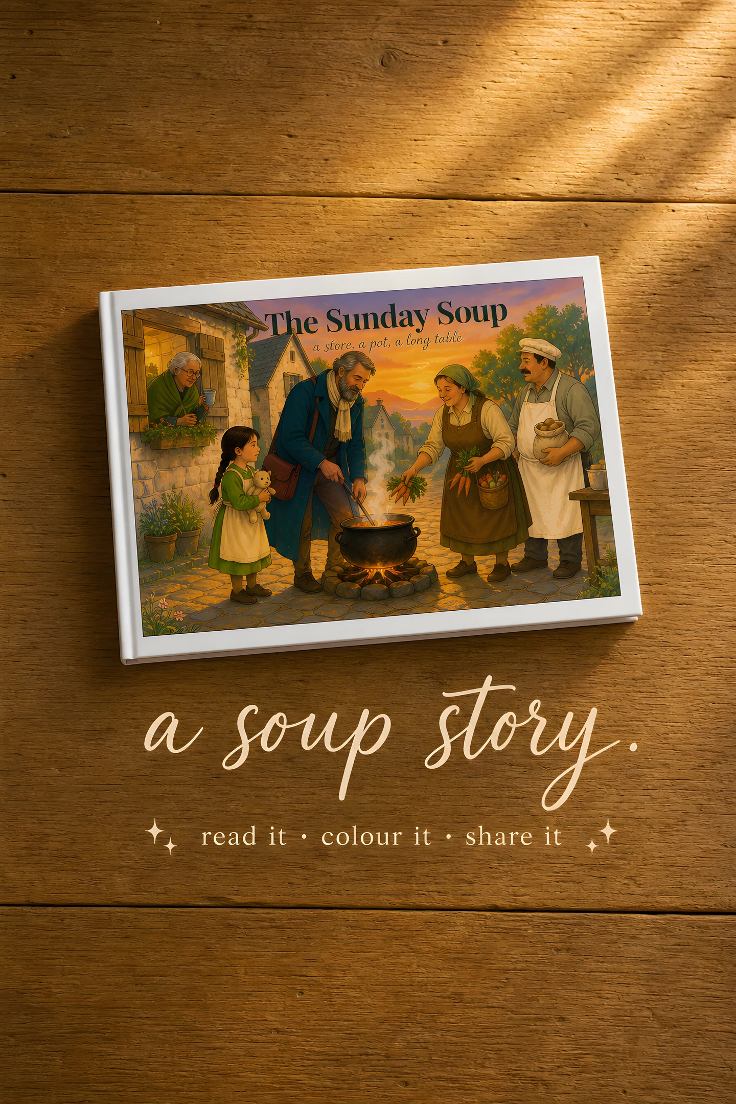 A soup story — The Sunday Soup book on golden-hour wood