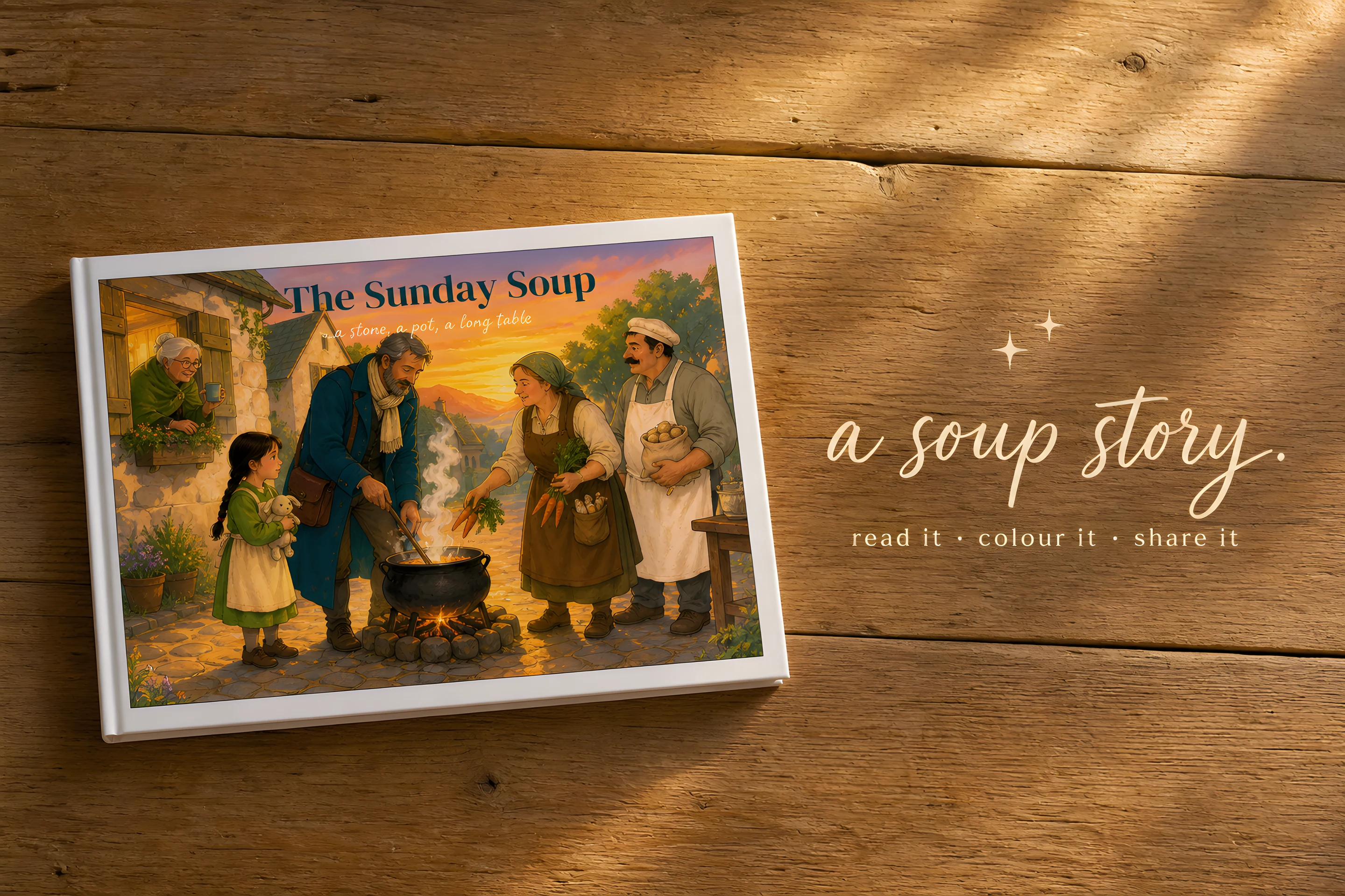 A soup story — The Sunday Soup book on golden-hour wood