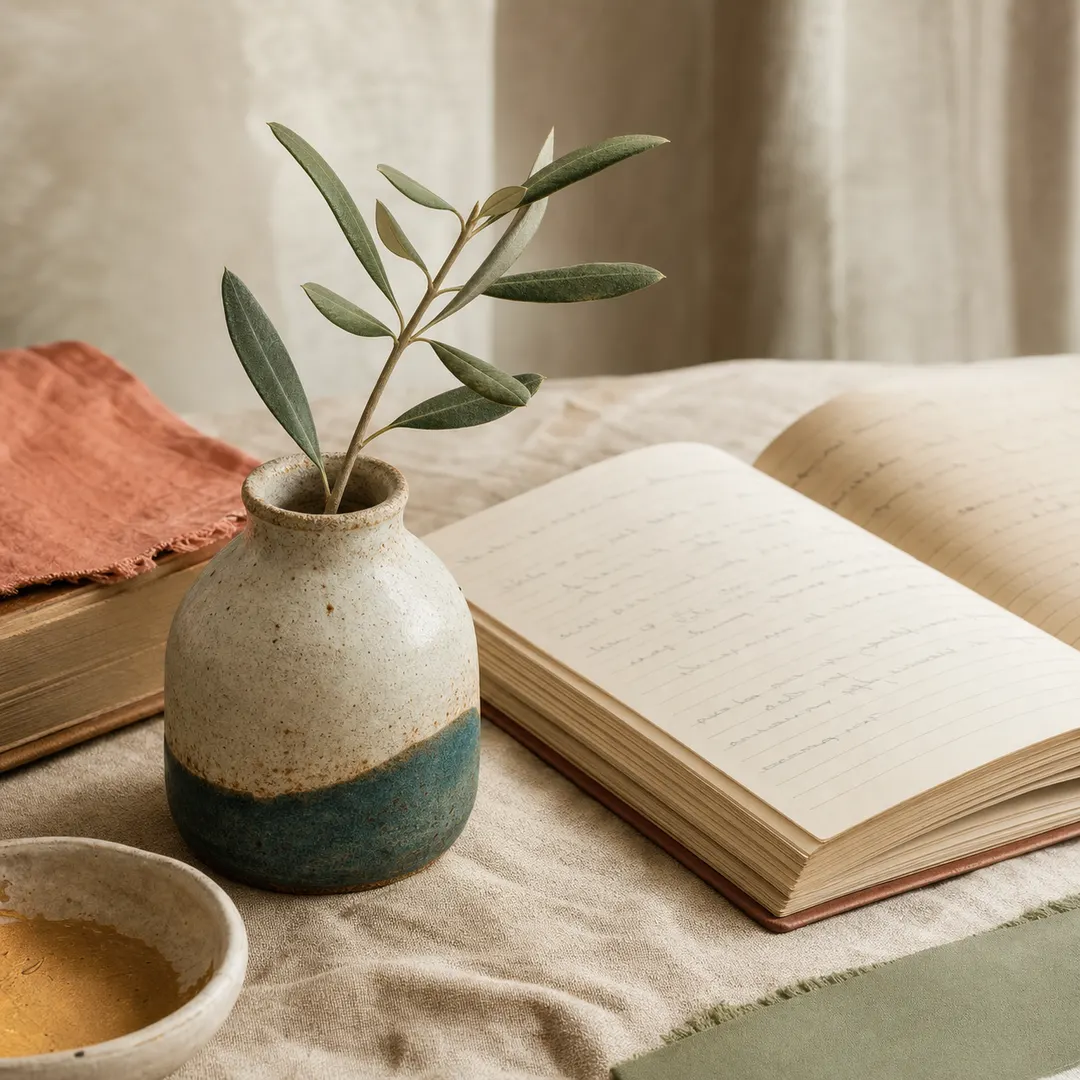 Studio post — ceramic vessel with greenery beside an open notebook