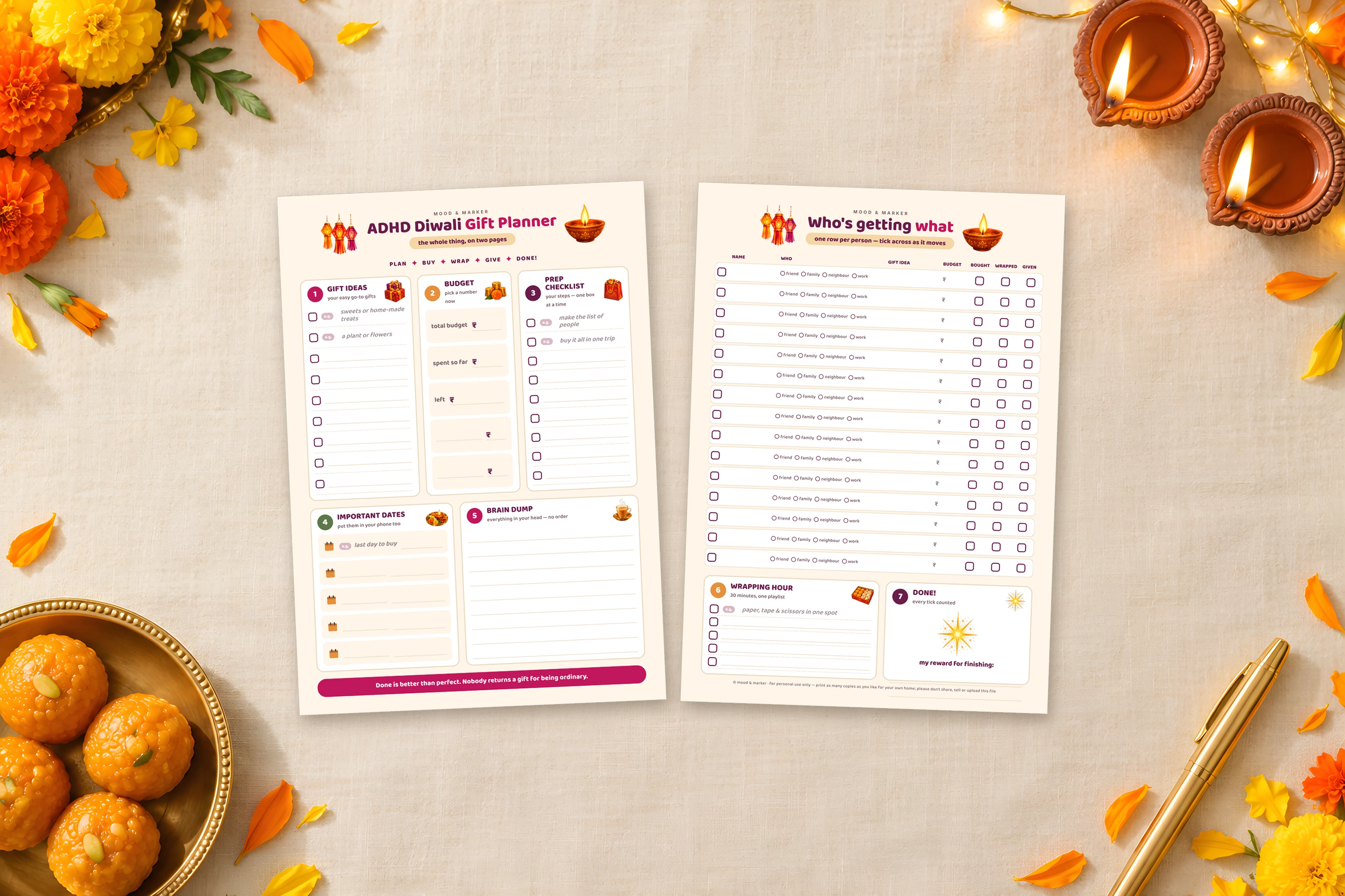 Both pages of the ADHD Diwali Gift Planner on a cream cloth with lit diyas, marigolds and laddoos