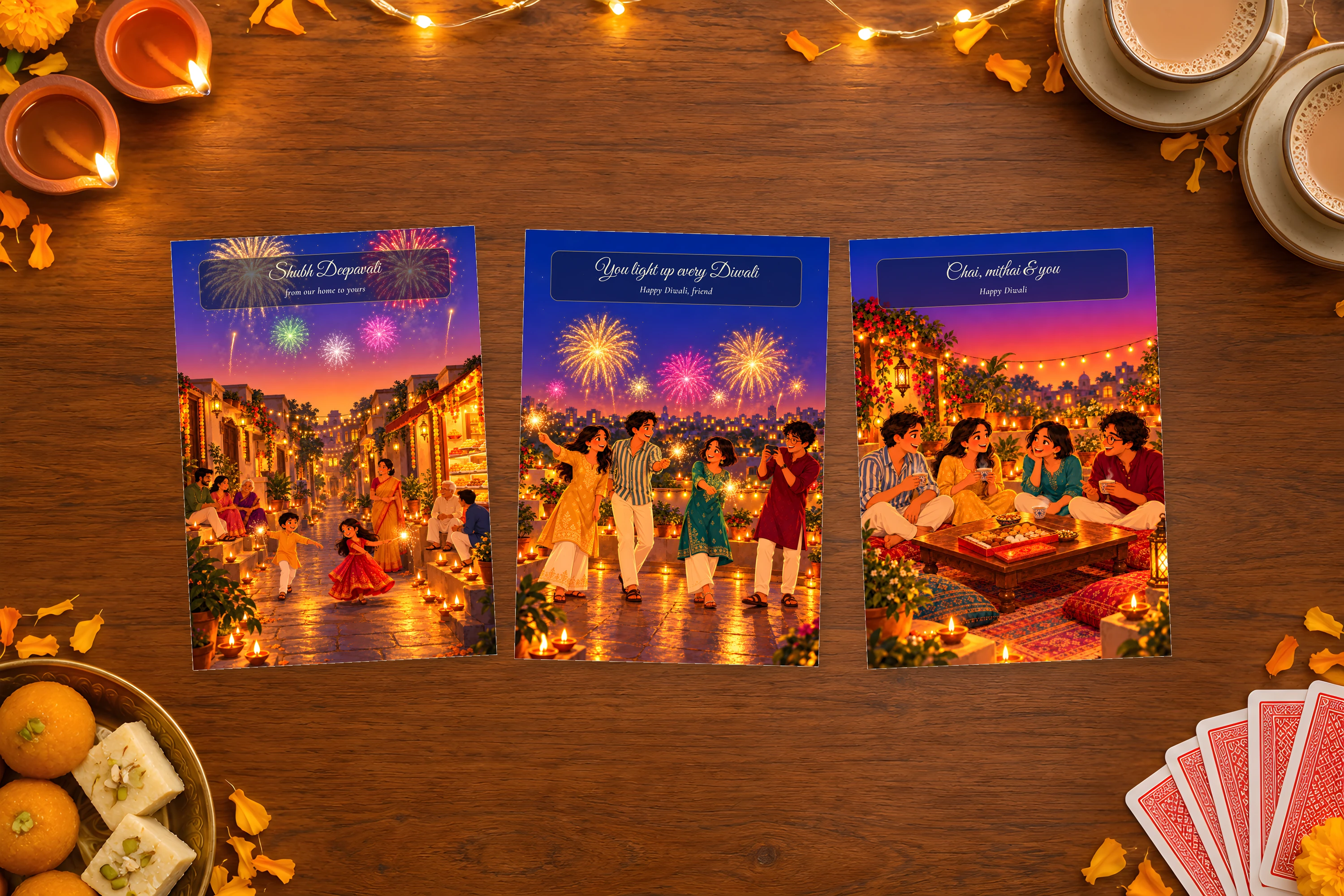 Three of the nine painted Diwali cards on a wooden table with diyas, chai, sweets and a pack of cards