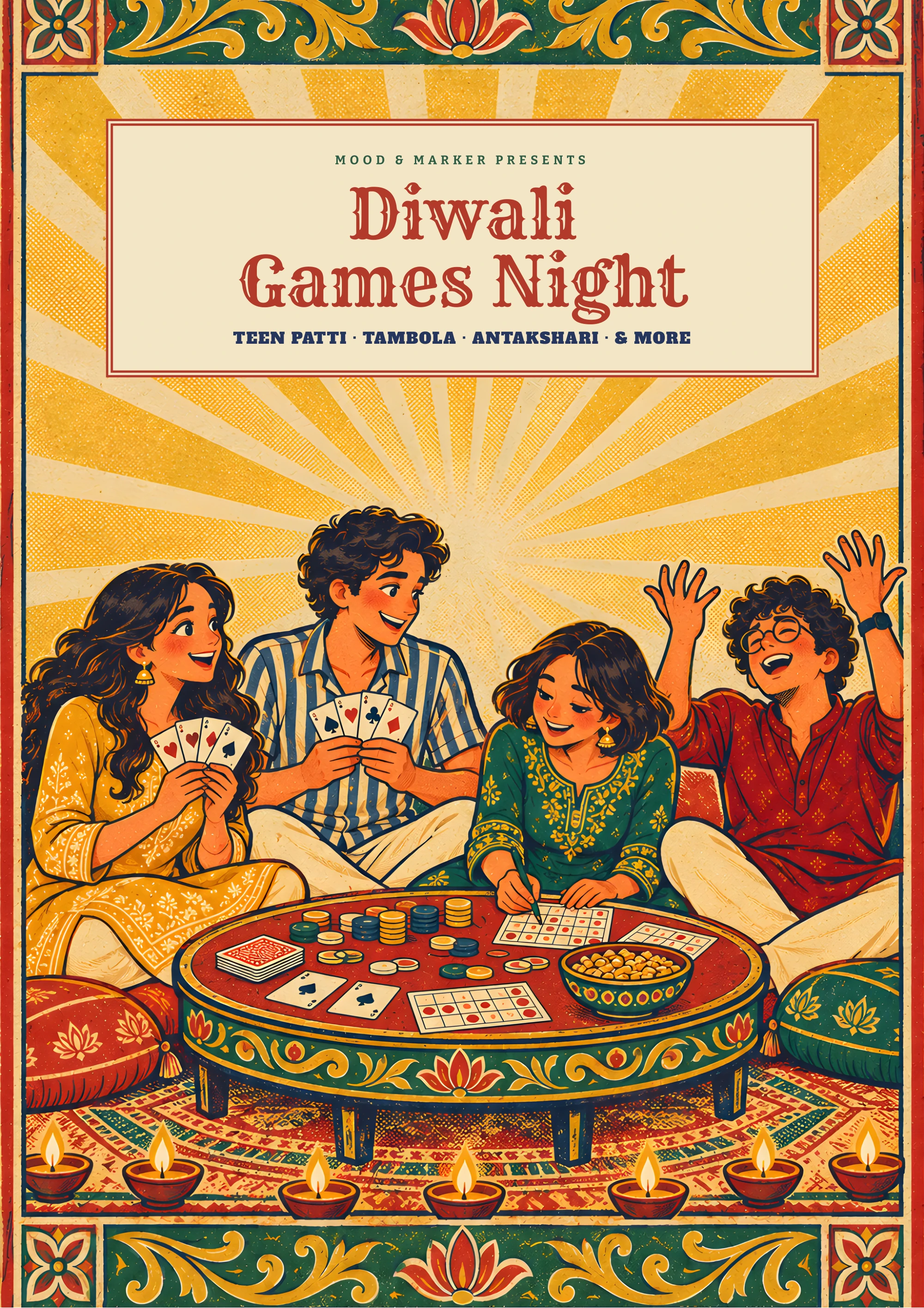 Diwali Games Night — painted retro cover of four friends laughing round a games table