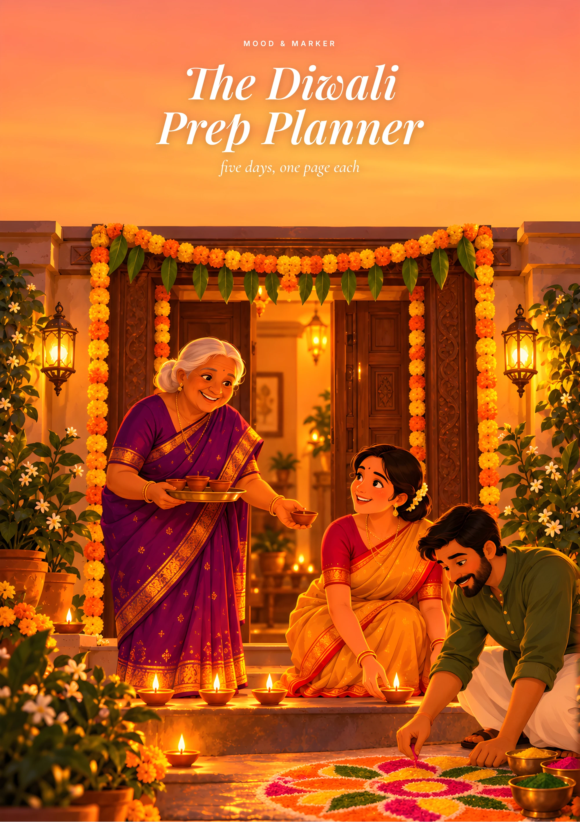 The Diwali Prep Planner — painted cover of a family drawing a rangoli at a lamplit doorway