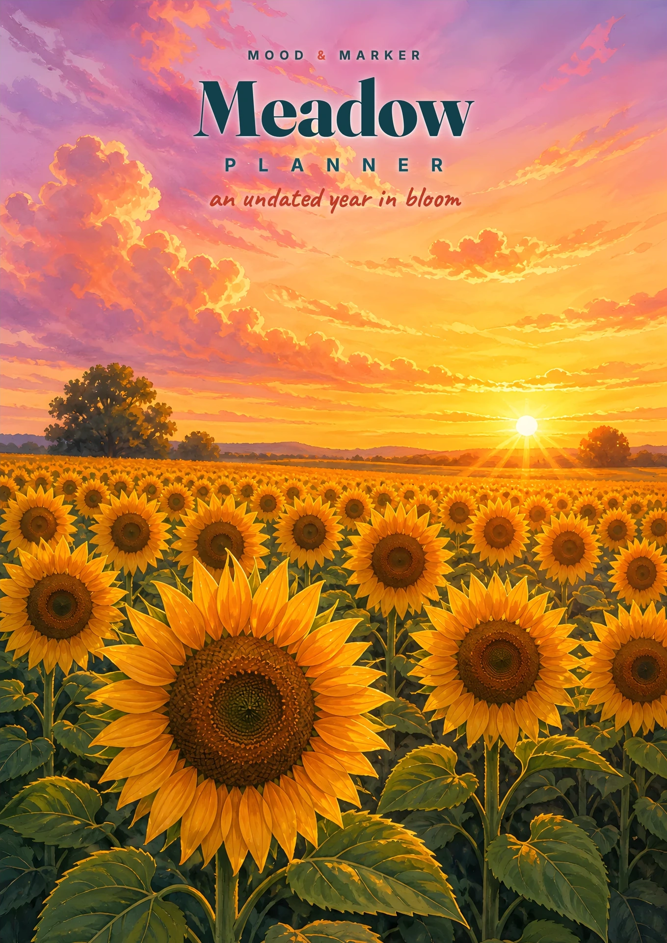 Meadow Planner cover — a sunflower field at sunset, 'an undated year in bloom'