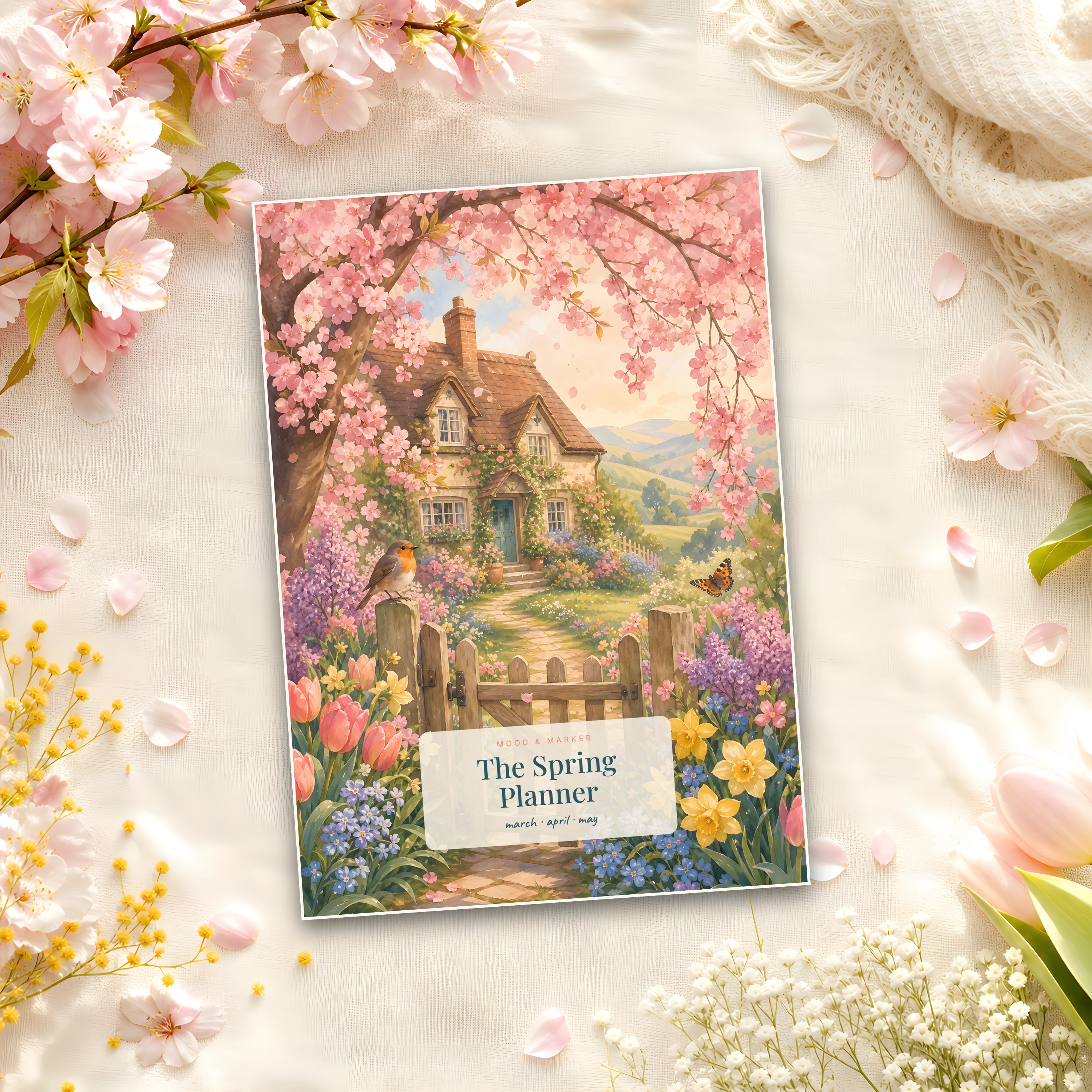 The Spring Planner cover — a cherry-blossom cottage garden in gouache