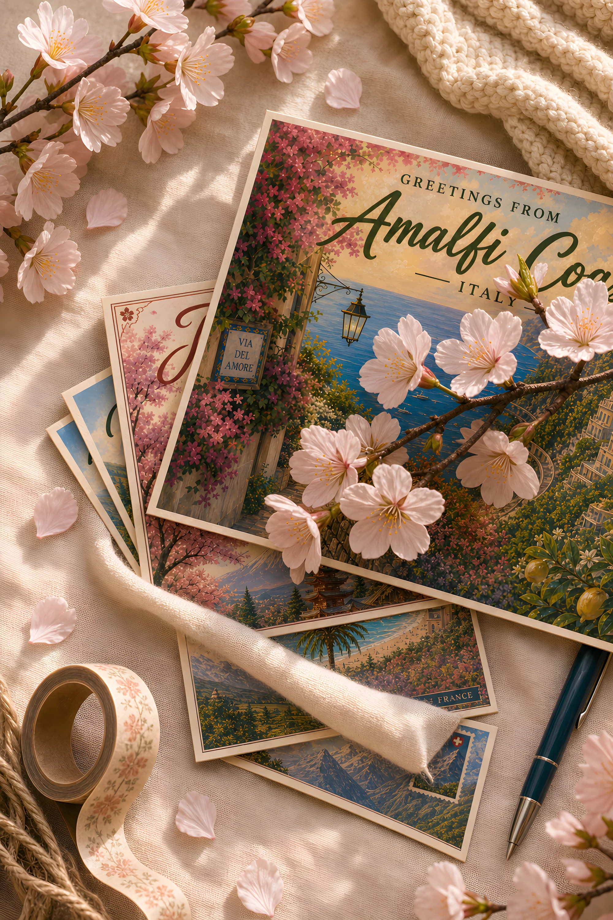 The five Spring Postcards stacked on cream linen beneath a cherry-blossom sprig — Amalfi Coast peeking on top