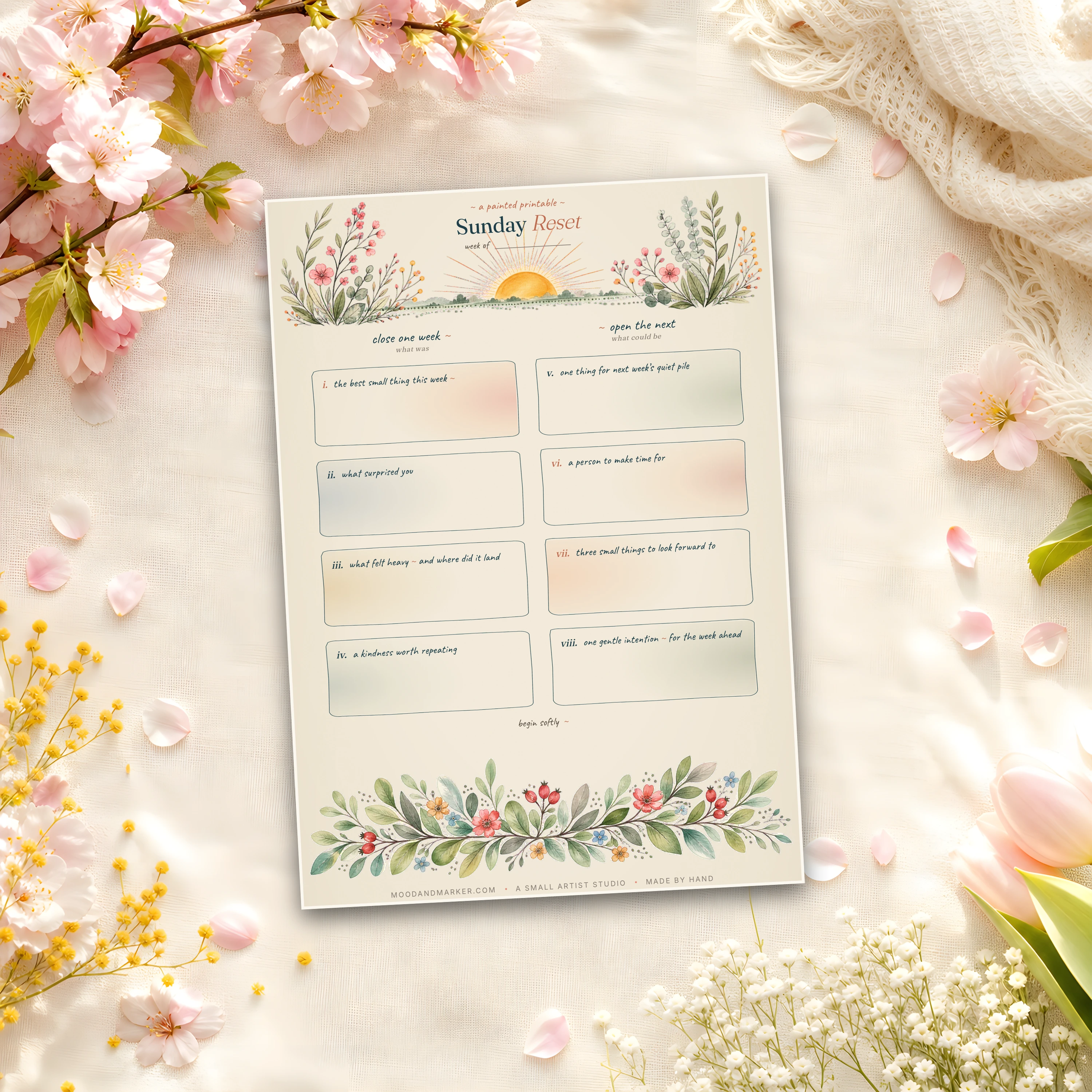 Sunday Reset worksheet — peach watercolor wash